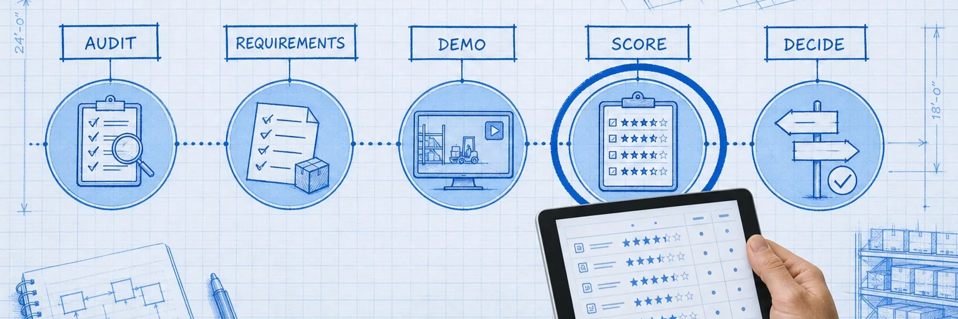 Blueprint process sequence of WMS selection stages with a photoreal hand holding a tablet at the scoring step and a cyan focus ring