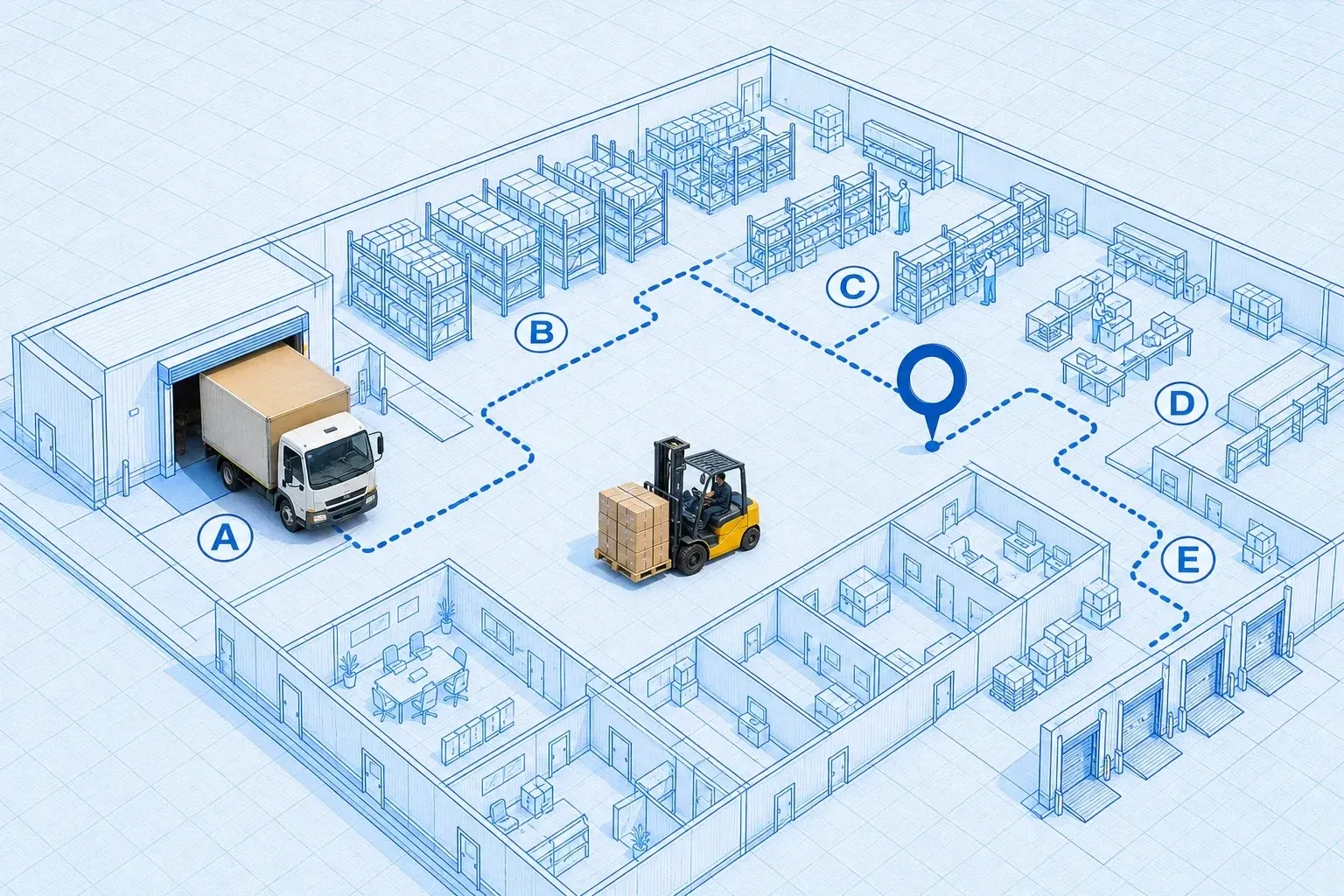 Isometric blueprint warehouse floor plan with lettered zones A to E for receiving, storage, picking, packing, and shipping, connected by a dotted blue flow route with a cyan pin, anchored by a real delivery truck at the receiving dock and a real forklift carrying a pallet, on pale-blue grid paper