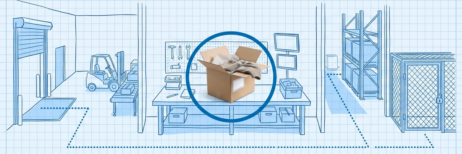 Hand-drawn blue blueprint of a returns area with a dock door and forklift, an inspection bench, storage racking and a quarantine cage linked by dotted lanes; a photoreal opened returned carton with a sweater spilling out sits on the bench inside a dark blue ring
