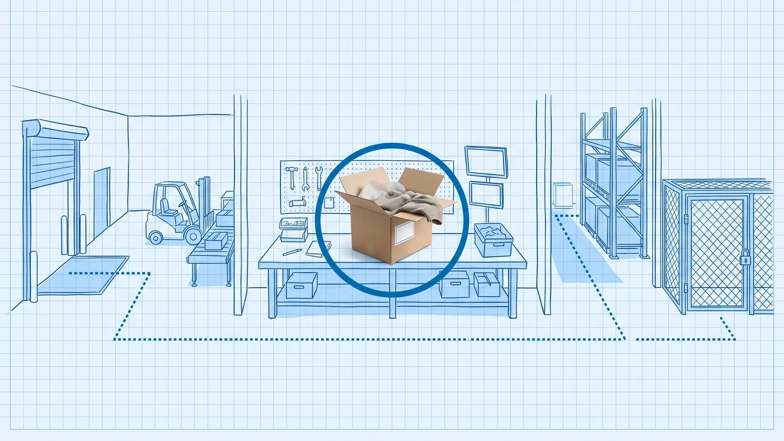 Hand-drawn blue blueprint of a returns area with a dock door and forklift, an inspection bench, storage racking and a quarantine cage linked by dotted lanes; a photoreal opened returned carton with a sweater spilling out sits on the bench inside a dark blue ring