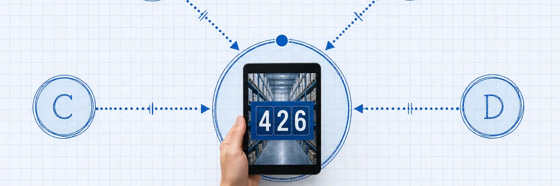 Blueprint system data-flow diagram showing a central inventory hub connected to Shopify, Amazon, and eBay nodes via dotted sync lines, with a photoreal hand holding a tablet at the center node