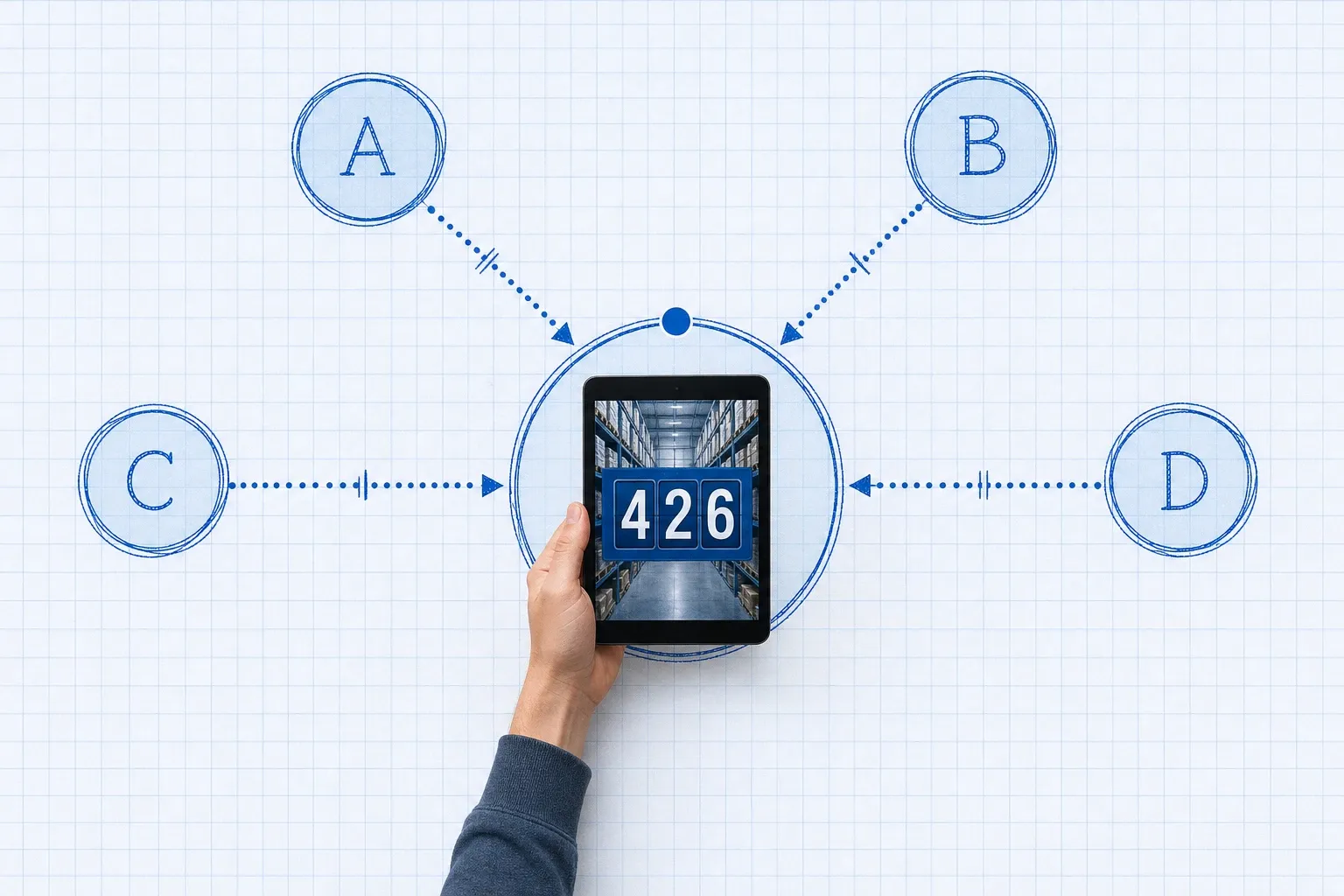 Blueprint system data-flow diagram showing a central inventory hub connected to Shopify, Amazon, and eBay nodes via dotted sync lines, with a photoreal hand holding a tablet at the center node