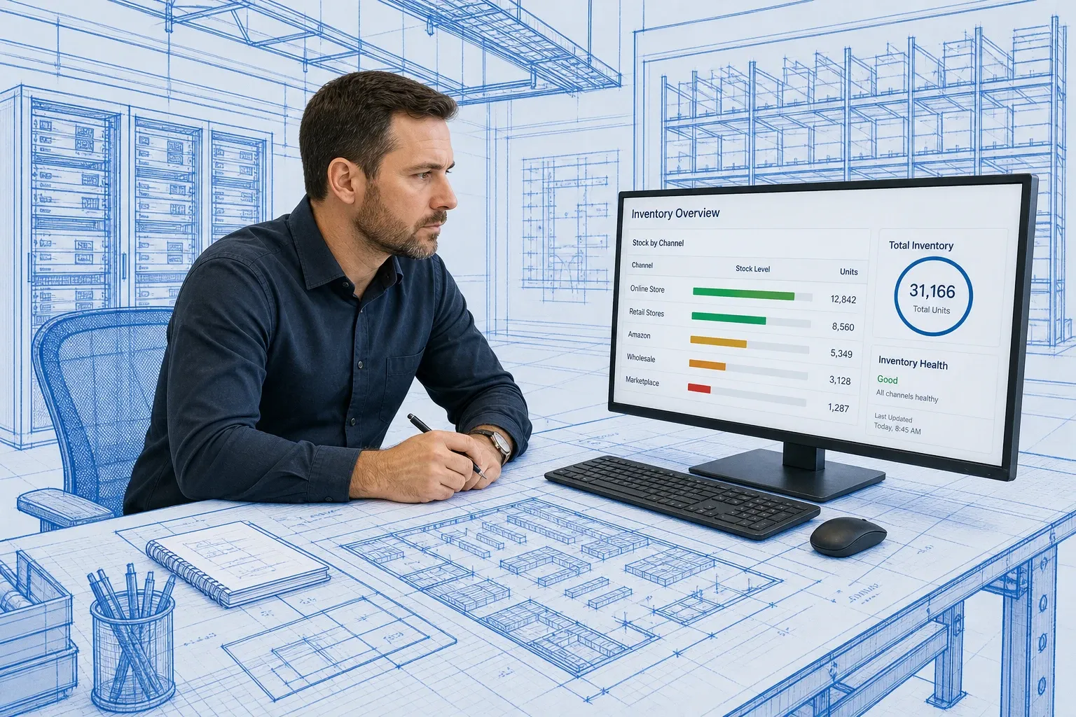 Blueprint inventory dashboard showing synchronized stock levels across four sales channels, with a photoreal manager reviewing buffer thresholds on a monitor in a blueprint operations center