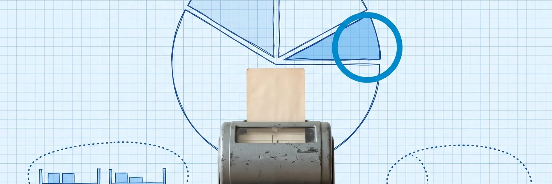 Where warehouse labor hours go — a grey vintage employee time clock holding a blank time card in front of a hand-drawn blueprint pie chart of one shift, with the single small filled slice circled, above blueprint racks and a pack bench joined by a long looping dotted walking route