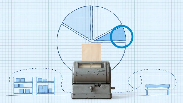 Where warehouse labor hours go — a grey vintage employee time clock holding a blank time card in front of a hand-drawn blueprint pie chart of one shift, with the single small filled slice circled, above blueprint racks and a pack bench joined by a long looping dotted walking route