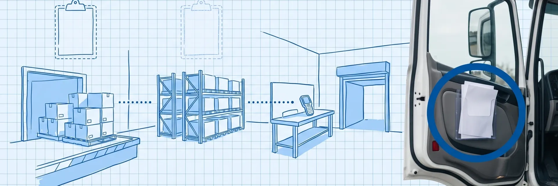Blueprint illustration of a warehouse flow from receiving dock to racks, packing bench and loading bay under fading clipboard outlines, ending at a photographed open truck door with paper documents in a door-mounted holder circled in blue