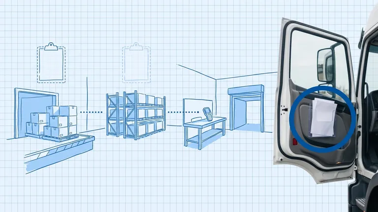 Blueprint illustration of a warehouse flow from receiving dock to racks, packing bench and loading bay under fading clipboard outlines, ending at a photographed open truck door with paper documents in a door-mounted holder circled in blue