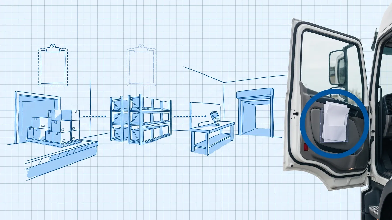 Blueprint illustration of a warehouse flow from receiving dock to racks, packing bench and loading bay under fading clipboard outlines, ending at a photographed open truck door with paper documents in a door-mounted holder circled in blue
