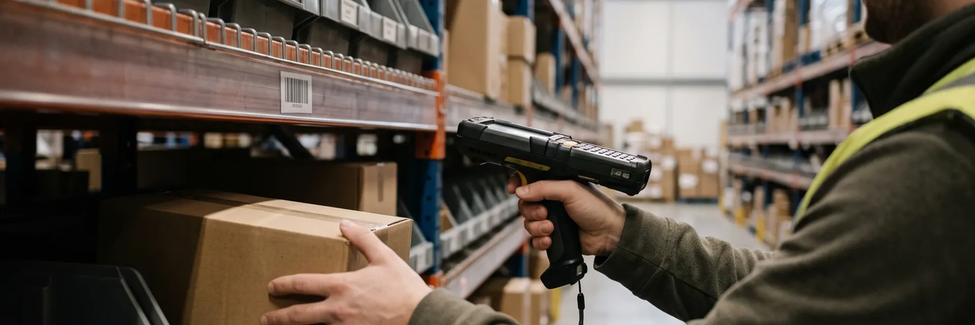 A warehouse worker in a high-visibility vest and olive jacket aims a black handheld barcode scanner at a small label on the edge of a rack shelf, steadying a plain cardboard carton on the shelf with the other hand, in an aisle of tall pallet racking receding out of focus.
