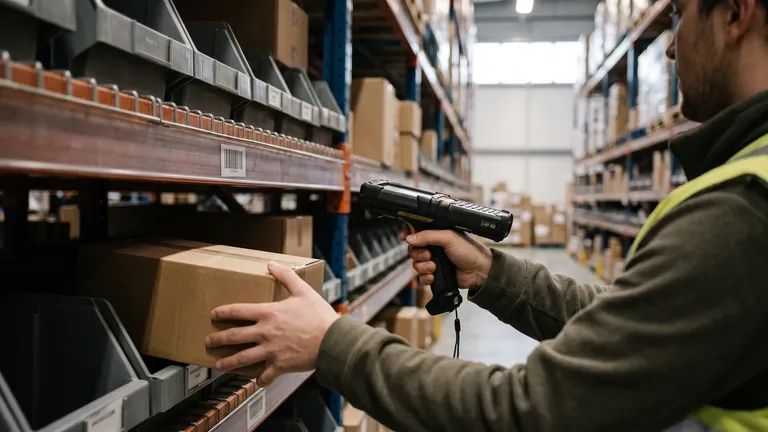 A warehouse worker in a high-visibility vest and olive jacket aims a black handheld barcode scanner at a small label on the edge of a rack shelf, steadying a plain cardboard carton on the shelf with the other hand, in an aisle of tall pallet racking receding out of focus.