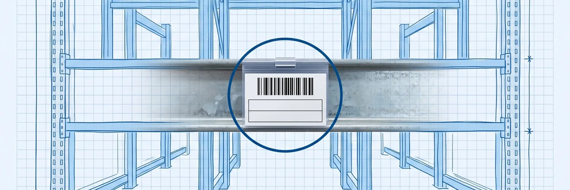 Hand-drawn blue blueprint of a pallet rack face with dimension lines; a photoreal steel beam carries a clear label holder with a barcode bin label, circled in dark blue