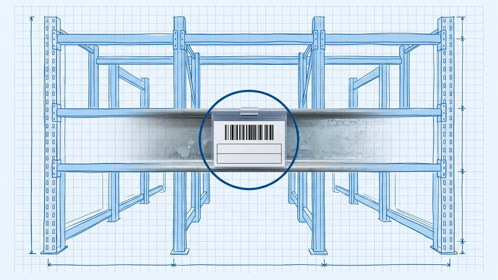 Hand-drawn blue blueprint of a pallet rack face with dimension lines; a photoreal steel beam carries a clear label holder with a barcode bin label, circled in dark blue