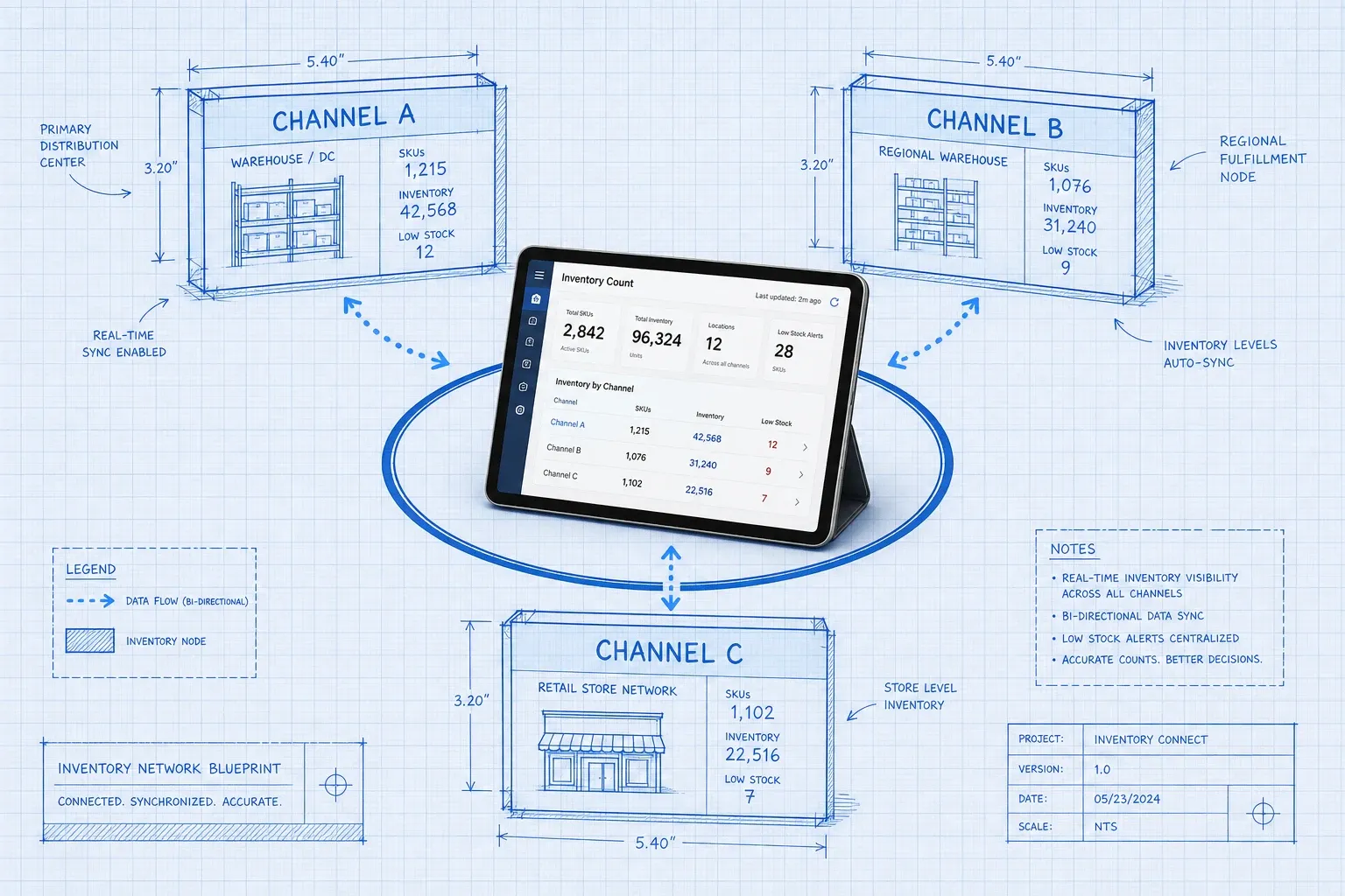 Isometric system diagram showing a central inventory hub tablet connected to multiple channel nodes by dotted data flow lines, rendered in Blueprint Reality style