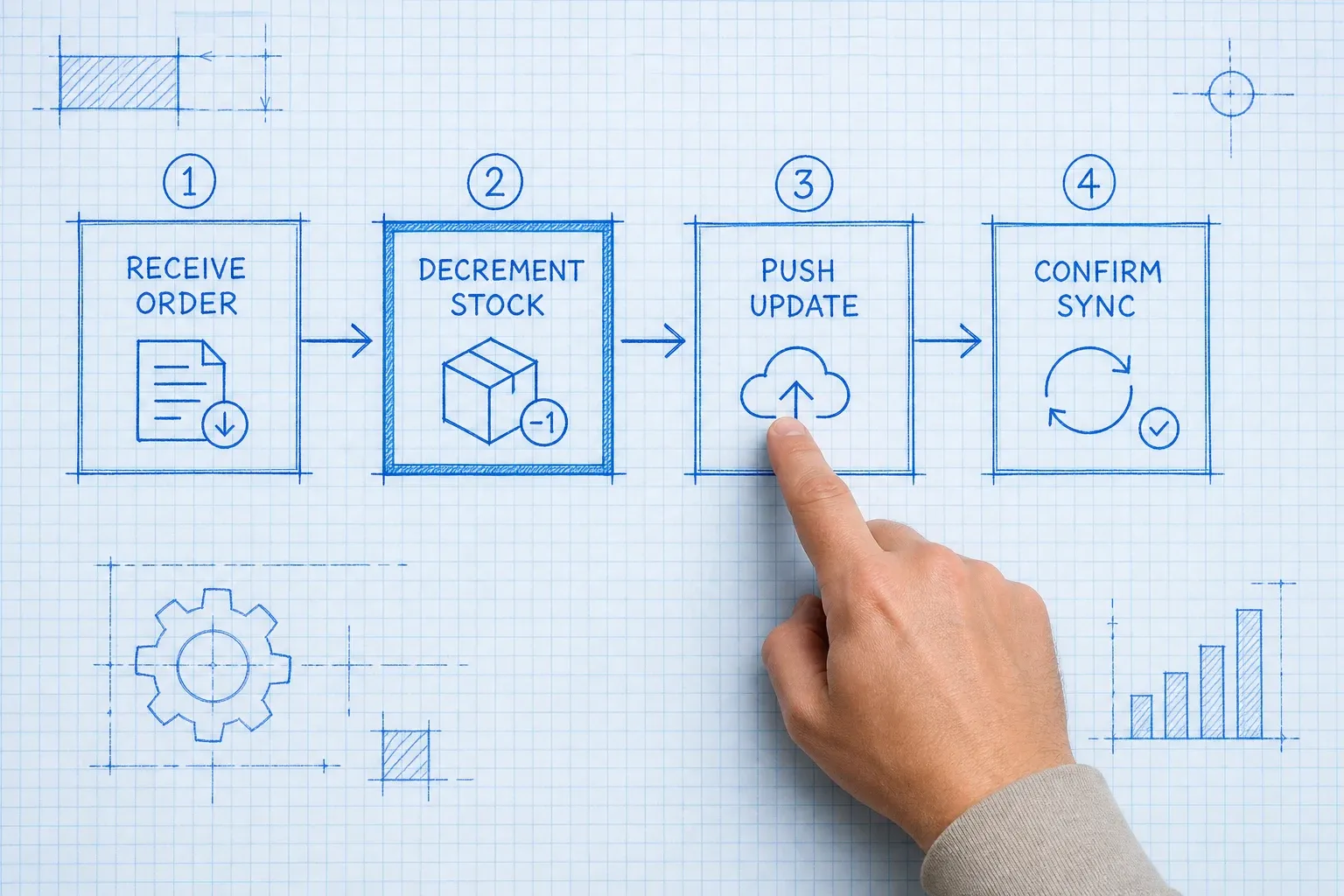 Diagram showing a central WMS inventory hub connected to Shopify, Amazon, and eBay channels via bidirectional sync arrows, with real-time stock count displayed on a tablet screen