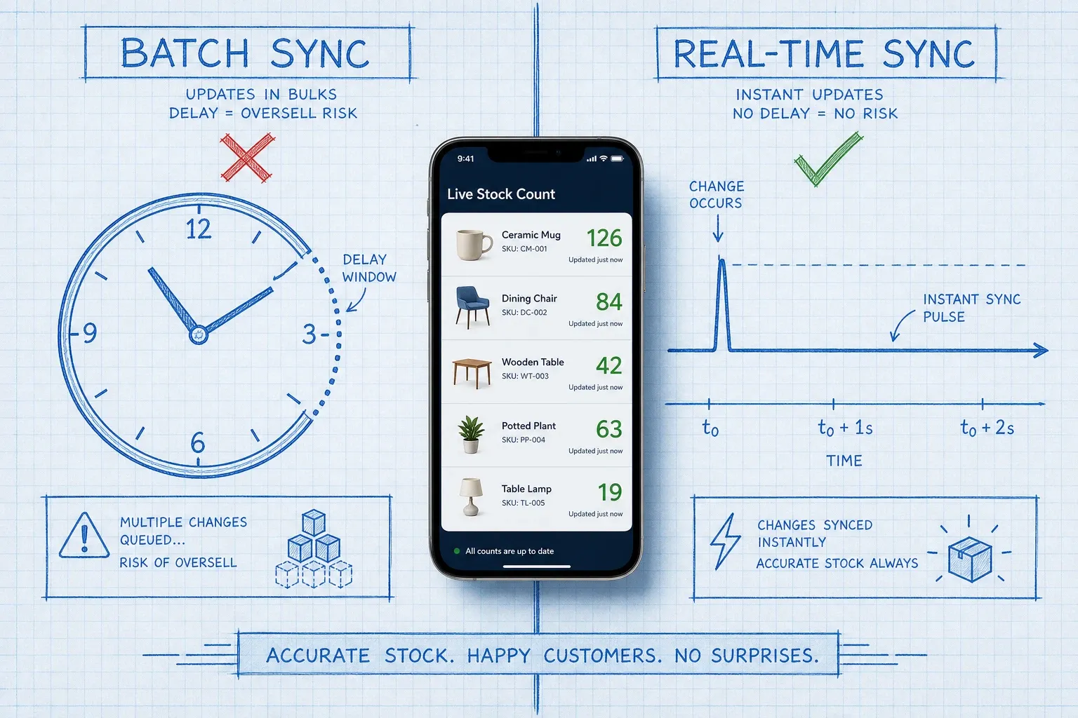 Blueprint-style comparison showing batch sync (delayed, with oversell risk gap) versus real-time webhook sync (instant update across all channels), with photoreal inventory numbers visible on a central hub screen