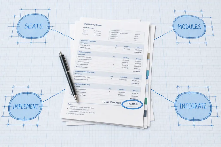 Photoreal printed WMS quote on a pale blue blueprint with labeled pricing layers for seats, modules, implementation, and integrations connected by dotted ink lines