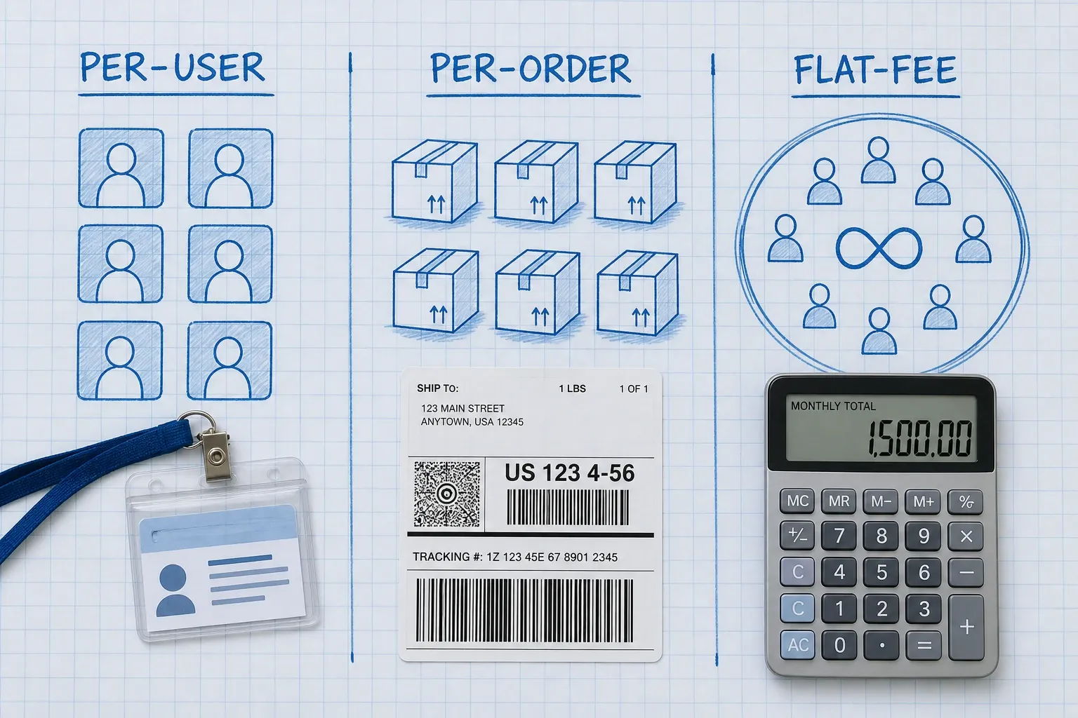 Blueprint split panels comparing per-user, per-order, and flat-fee WMS pricing models with a photoreal calculator and invoice in the center