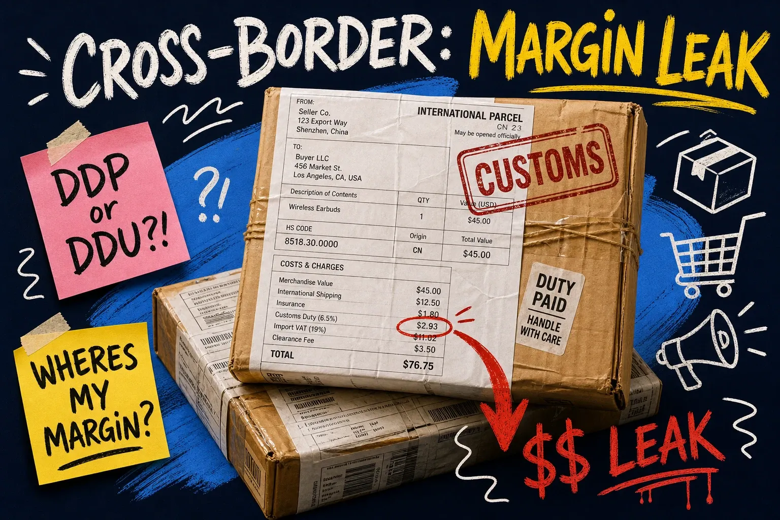 Cross-border shipping margin leak — stacked international parcels with a customs declaration showing duties and VAT, a duty fee circled in red with a dollar-leak arrow, on dark background with DDP or DDU and WHERES MY MARGIN sticky notes
