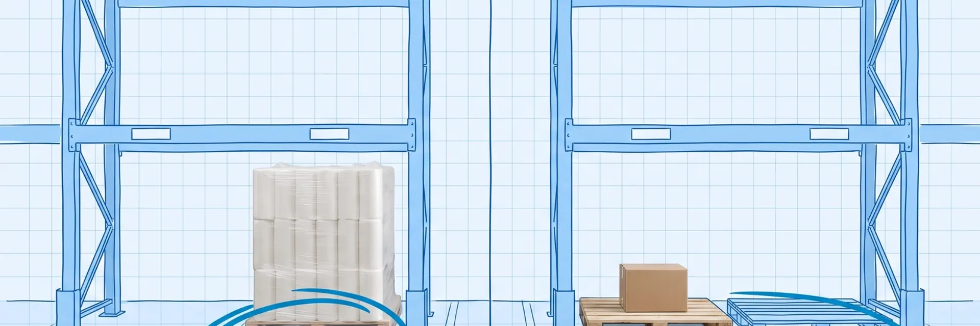 Inventory carrying cost — a blueprint drawing of two identical pallet rack bays, one holding a full shrink-wrapped pallet of paper towel rolls, the other a single small carton on a pallet beside an empty pallet, with dimension lines circled under each position