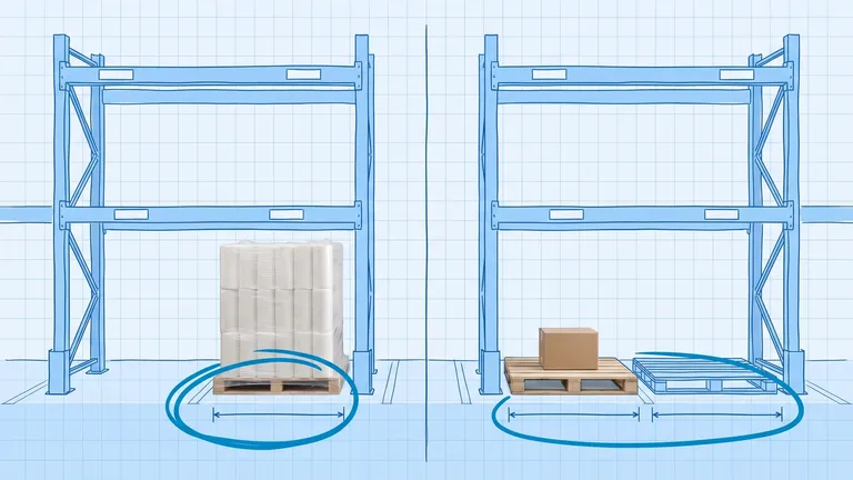 Inventory carrying cost — a blueprint drawing of two identical pallet rack bays, one holding a full shrink-wrapped pallet of paper towel rolls, the other a single small carton on a pallet beside an empty pallet, with dimension lines circled under each position