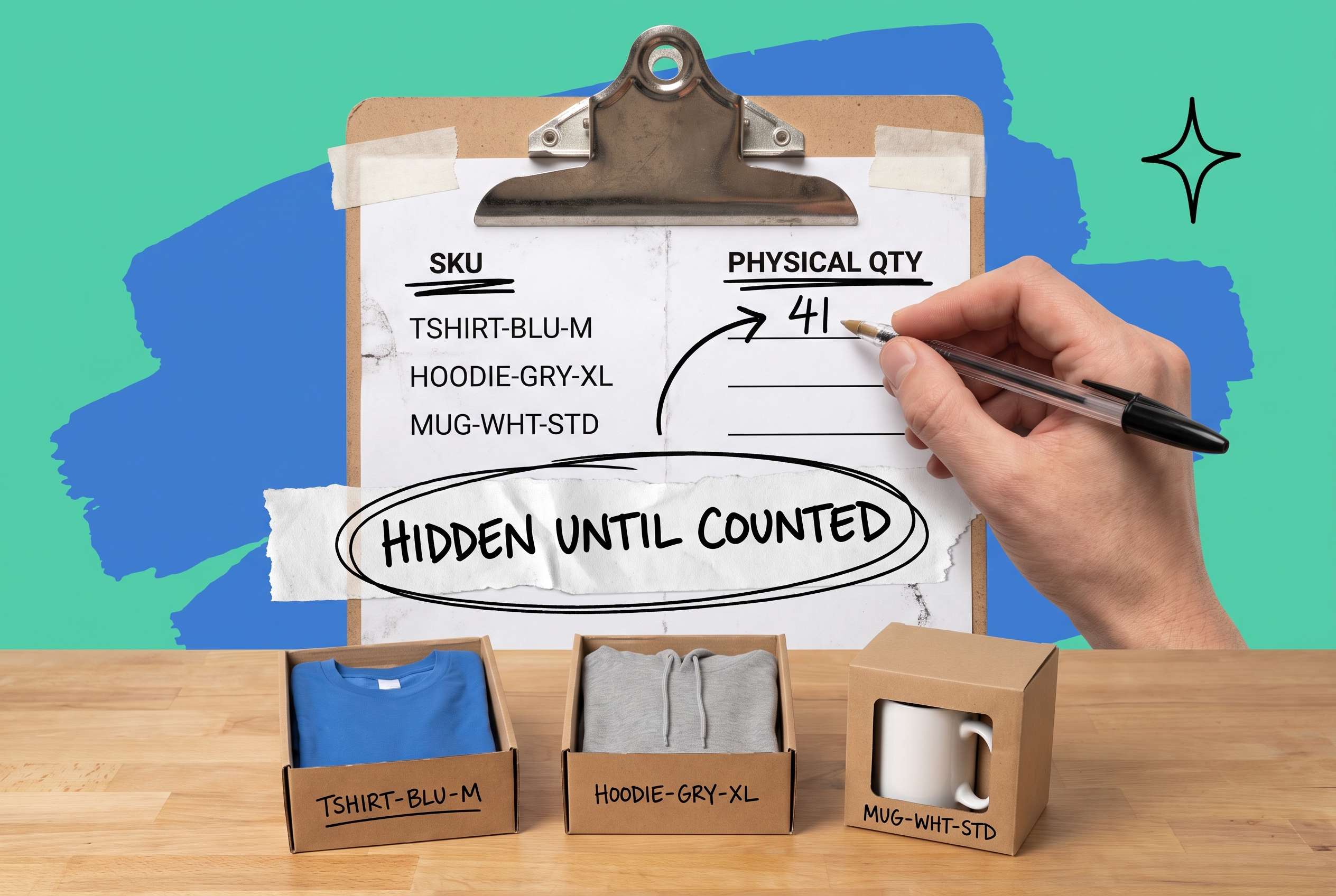 Clipboard count sheet showing SKU list and a hand writing physical quantity 41, with a torn paper strip reading hidden until counted covering the system quantity column, and three labeled product boxes below