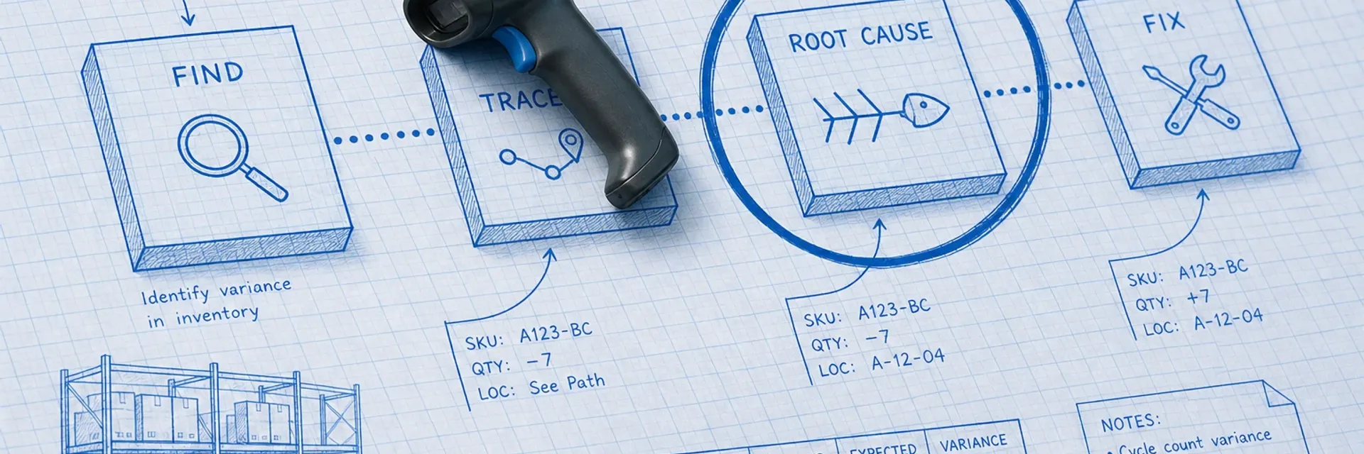 Blueprint investigation diagram with FIND TRACE ROOT CAUSE and FIX nodes linked by dotted blue data lines, a photoreal handheld scanner resting on the TRACE node, and a cyan focus ring on ROOT CAUSE