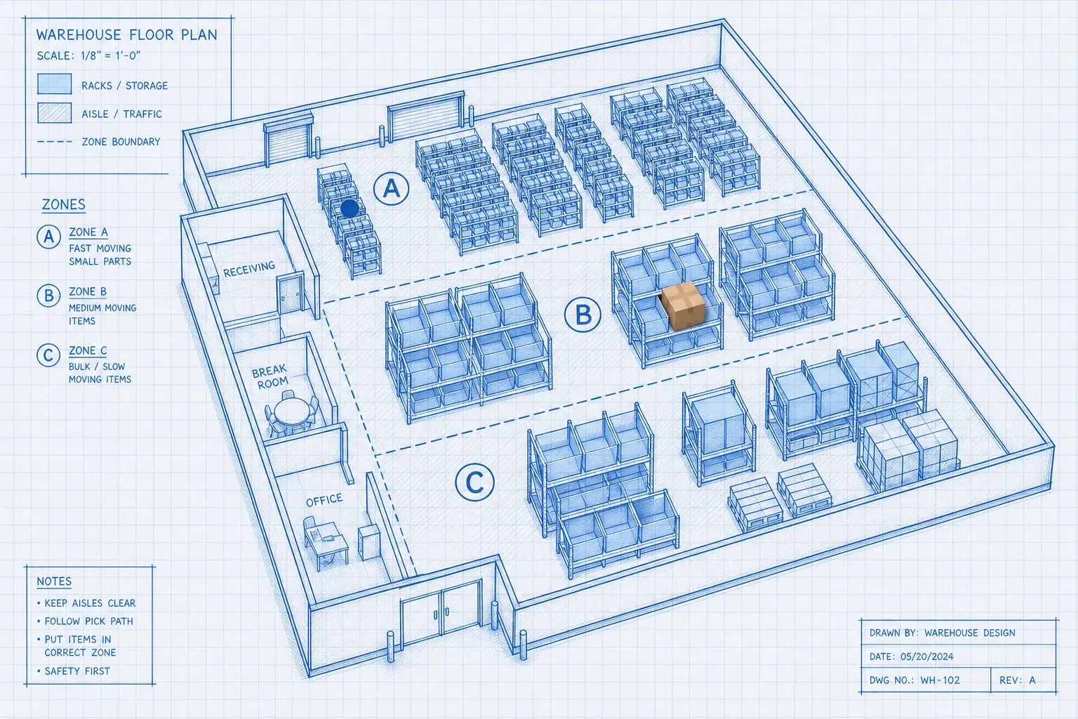 Isometric blueprint warehouse floor plan with labeled zones A B and C, a photoreal cardboard carton sitting in the wrong zone while a cyan marker highlights the correct empty bin