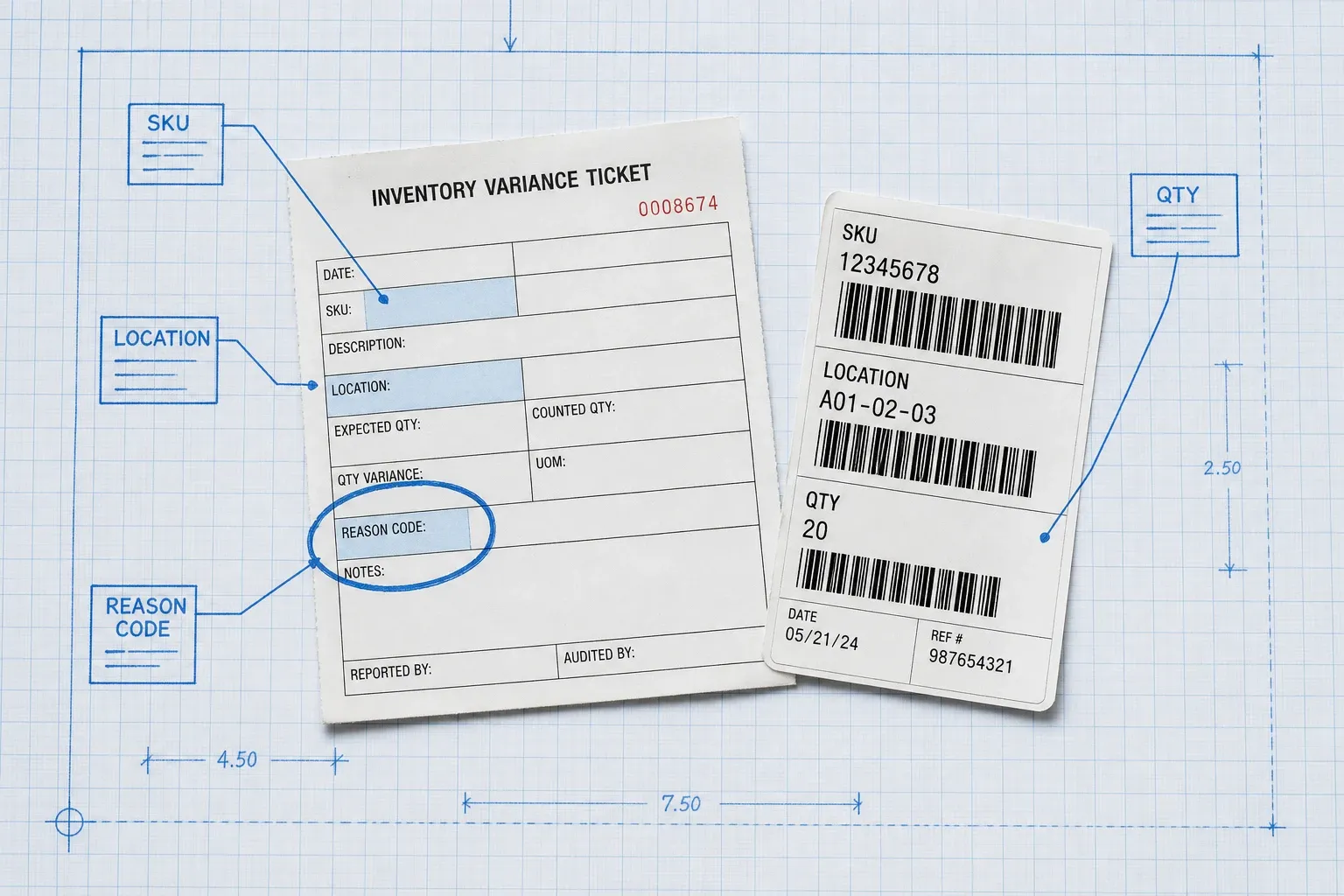 Macro photoreal inventory variance ticket and barcode label on pale blue blueprint paper with ink callouts for SKU location qty and reason code