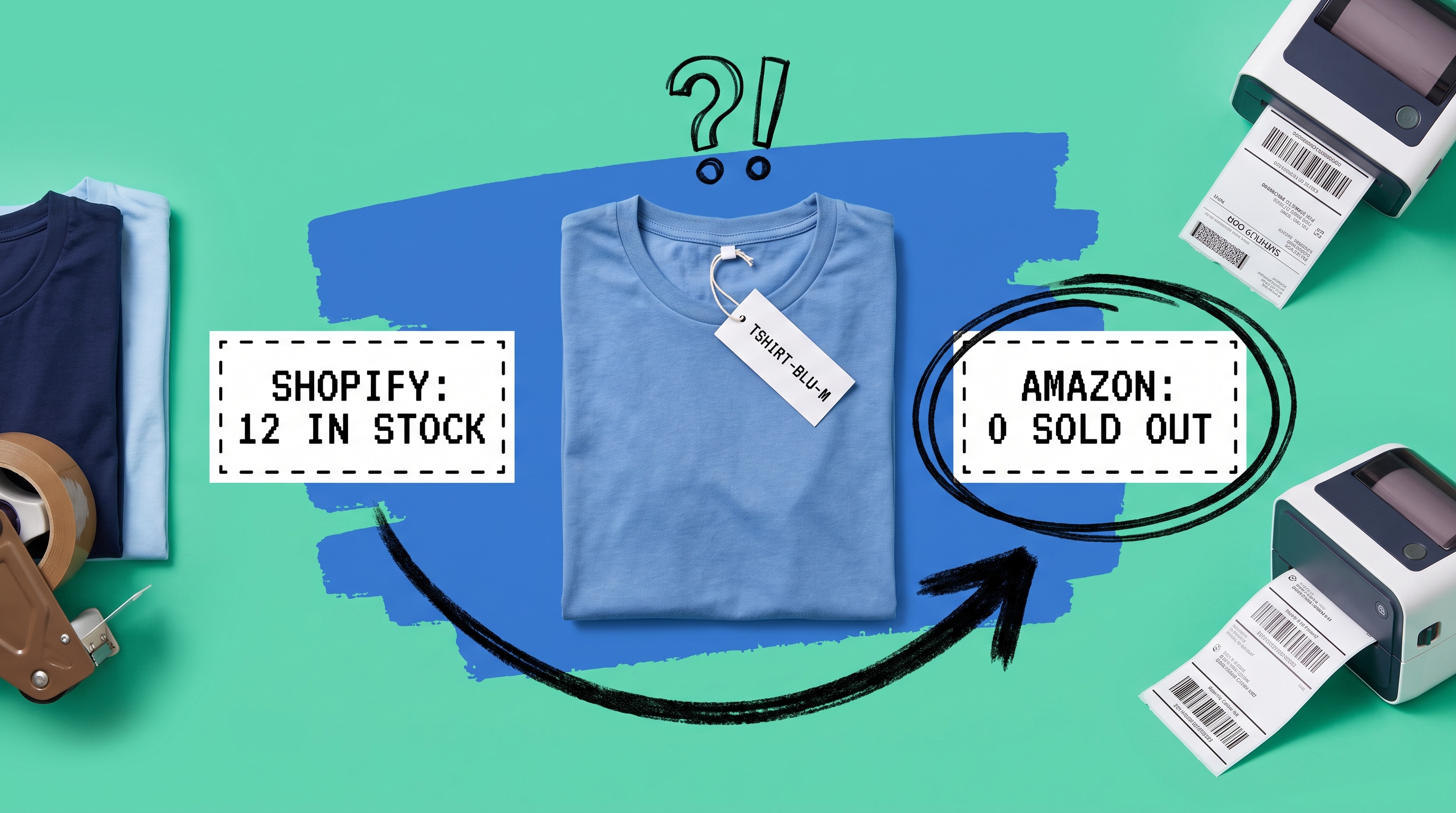 Folded blue t-shirt tagged TSHIRT-BLU-M between two cards showing conflicting stock counts, Shopify 12 in stock and Amazon 0 sold out, with a label printer and packing tape nearby