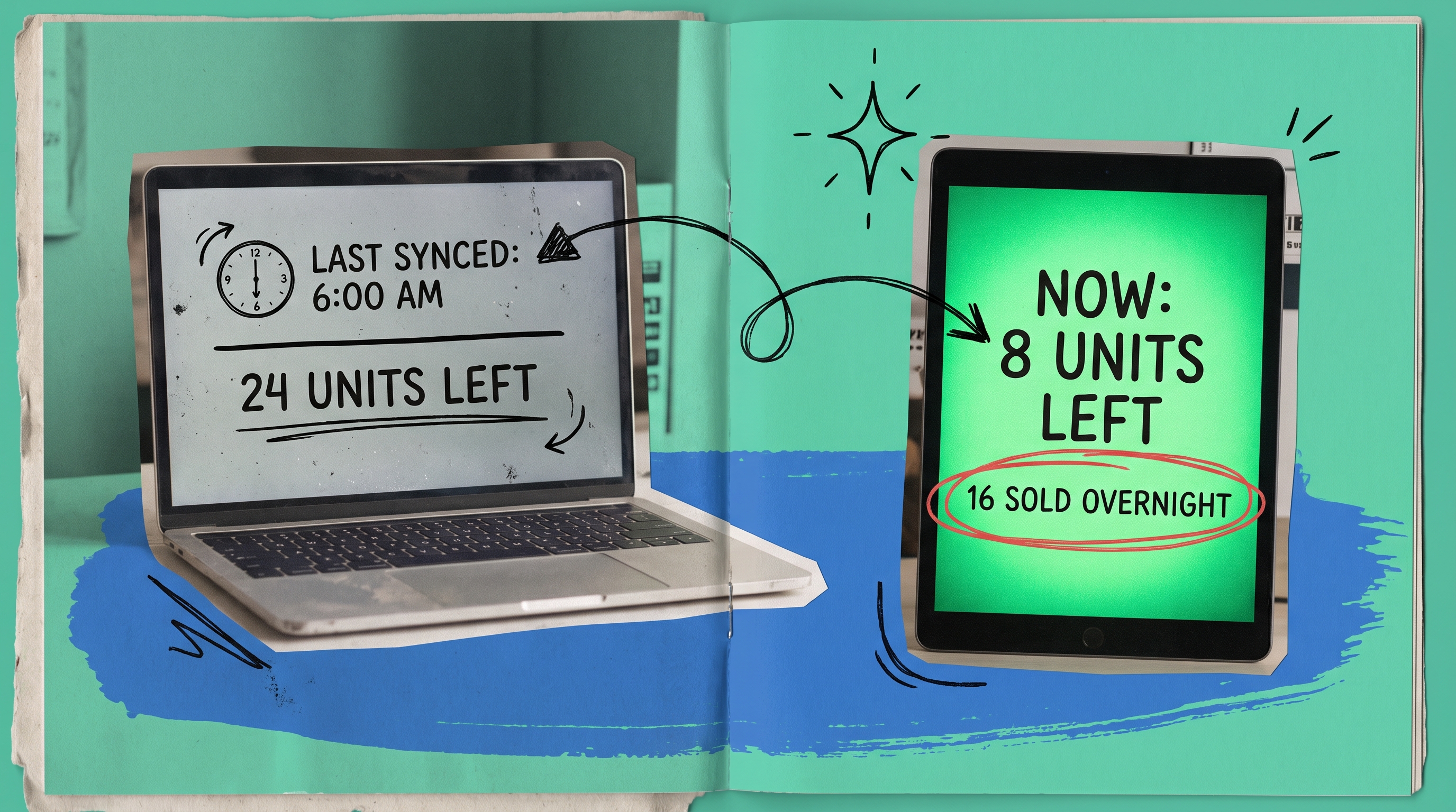Laptop showing a stale 6 AM inventory sync of 24 units left next to a tablet showing a live count of 8 units left after 16 sold overnight