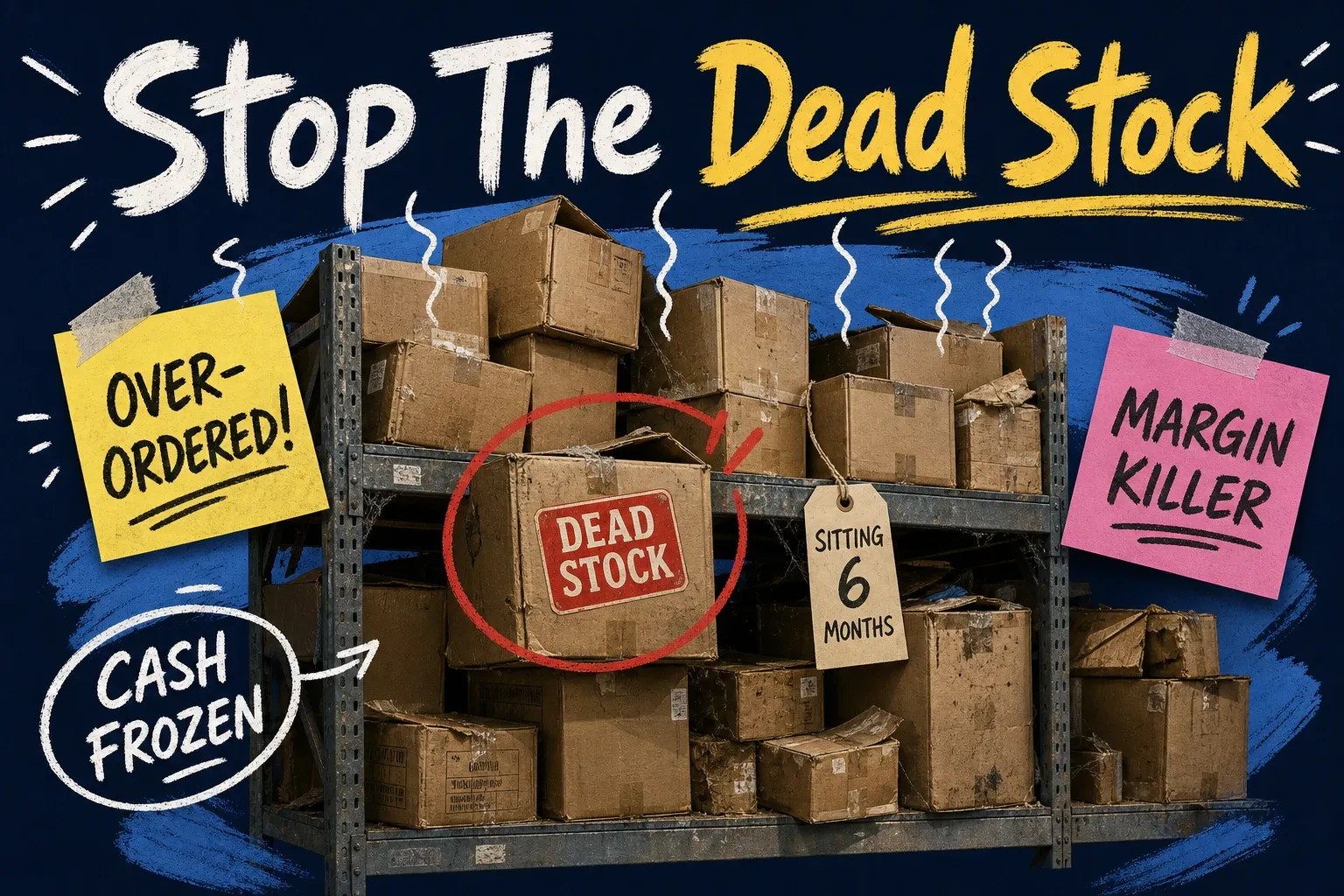 Dead stock warning — warehouse shelf crammed with dusty unsold boxes on dark background, one box labeled DEAD STOCK circled in red with a SITTING 6 MONTHS tag, OVER-ORDERED and MARGIN KILLER sticky notes