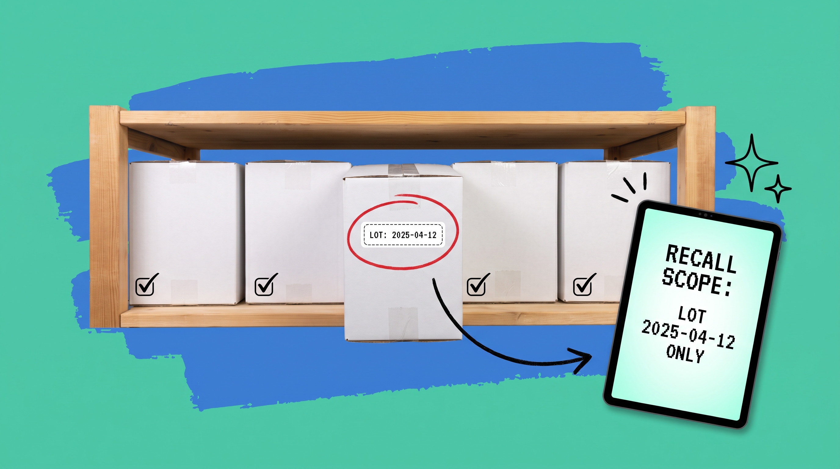 Product recall isolation, warehouse shelf of five checked boxes and one circled box labeled LOT 2025-04-12, tablet showing recall scope for that lot only