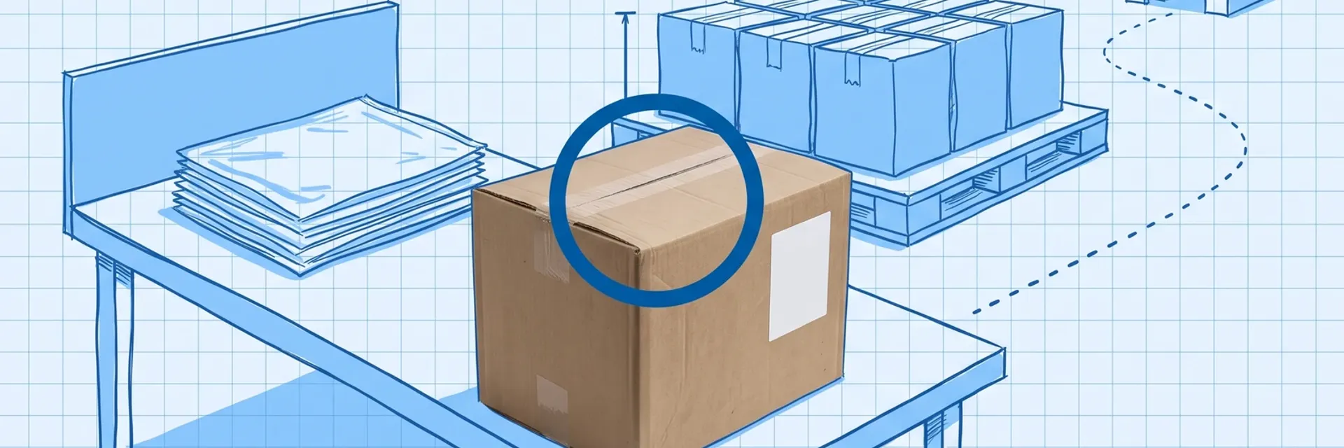 Mercado Libre inventory for US brands: blueprint drawing of a packing bench with a stack of clear poly bags, a pallet of sealed cartons with a height marker and a dotted route to a distant warehouse, with a photographed sealed brown master carton in the foreground and a dark blue ring around its unbroken tape seal