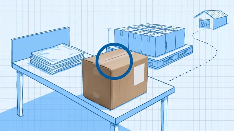 Mercado Libre inventory for US brands: blueprint drawing of a packing bench with a stack of clear poly bags, a pallet of sealed cartons with a height marker and a dotted route to a distant warehouse, with a photographed sealed brown master carton in the foreground and a dark blue ring around its unbroken tape seal
