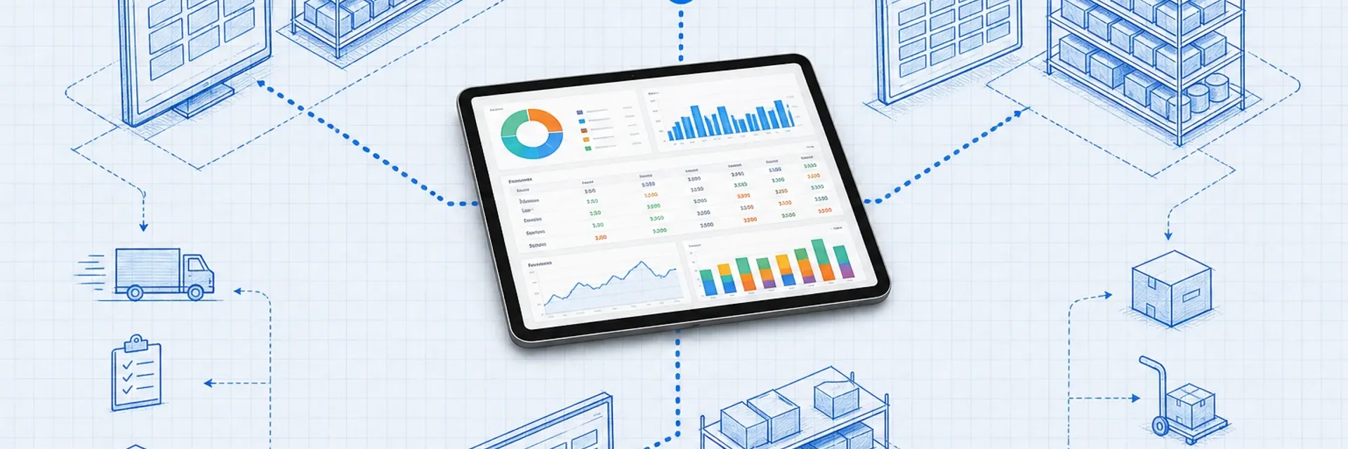 Blueprint system diagram showing Shopify, Amazon, and eBay nodes connected to a central inventory hub with data flow lines and a photoreal tablet displaying real-time stock counts
