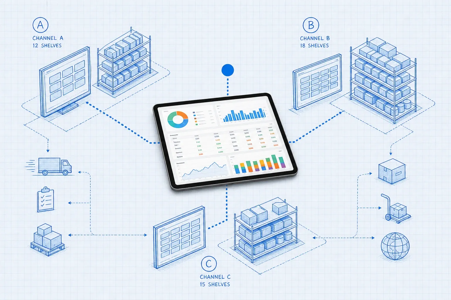 Blueprint system diagram showing Shopify, Amazon, and eBay nodes connected to a central inventory hub with data flow lines and a photoreal tablet displaying real-time stock counts