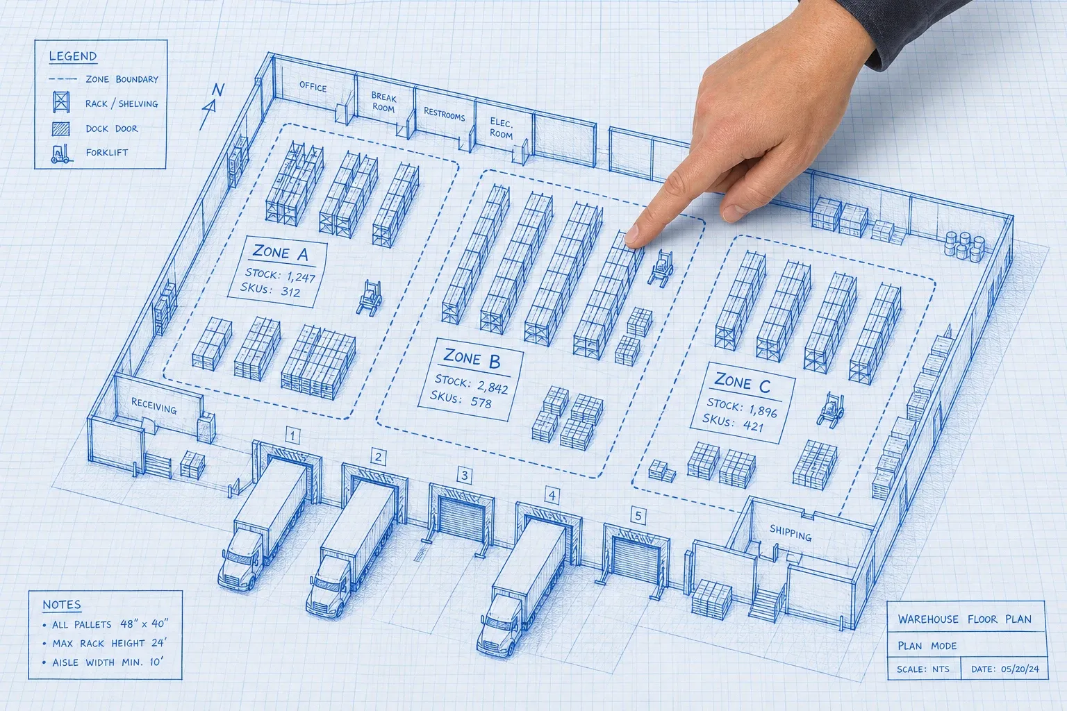 Blueprint isometric view of a centralized inventory hub with allocation arrows flowing to three channel nodes, a photoreal hand adjusting a stock buffer dial on a dashboard panel