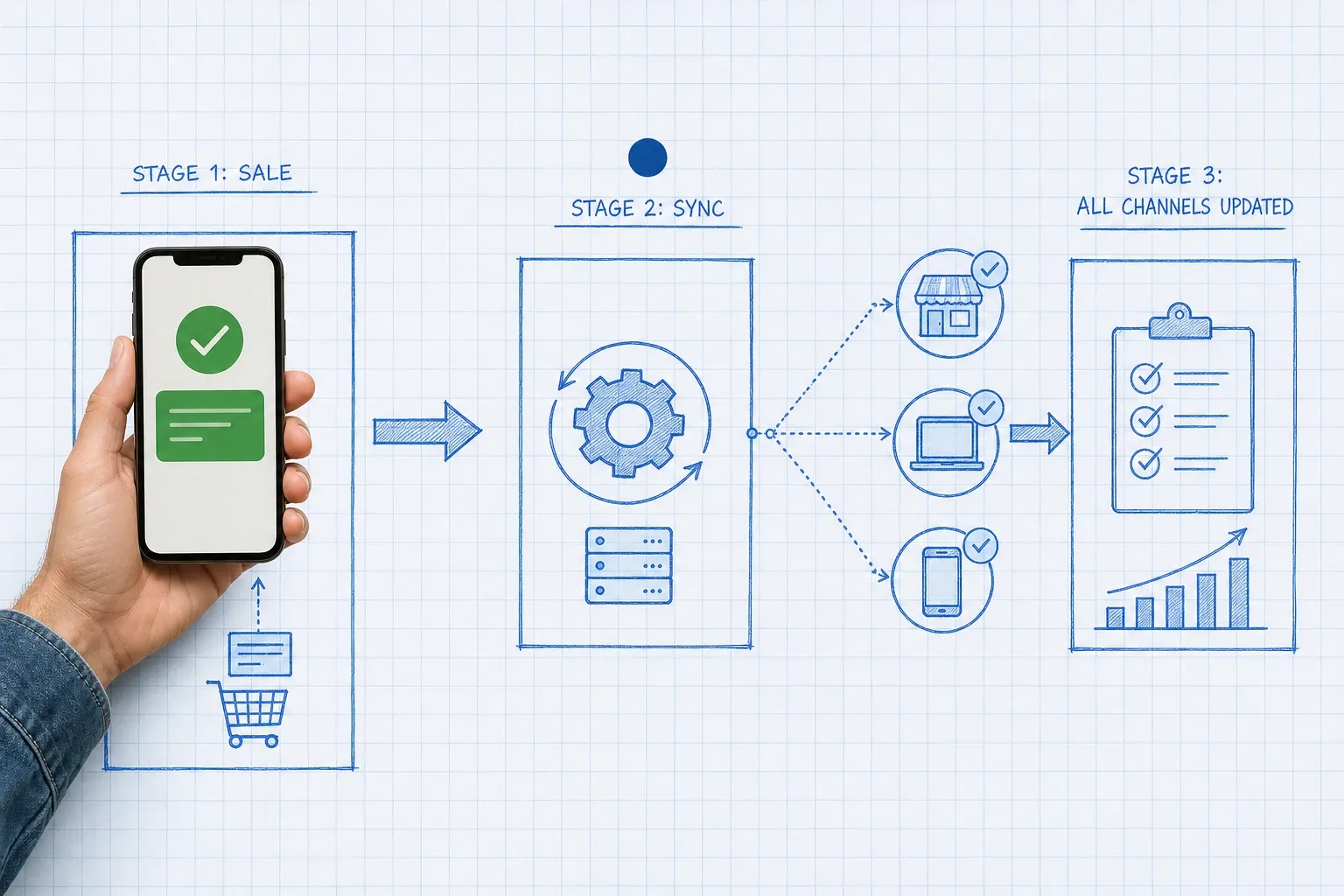 Blueprint process flow diagram showing a sale event triggering real-time inventory updates across three channel nodes, with a photoreal phone displaying an order confirmation at the trigger point