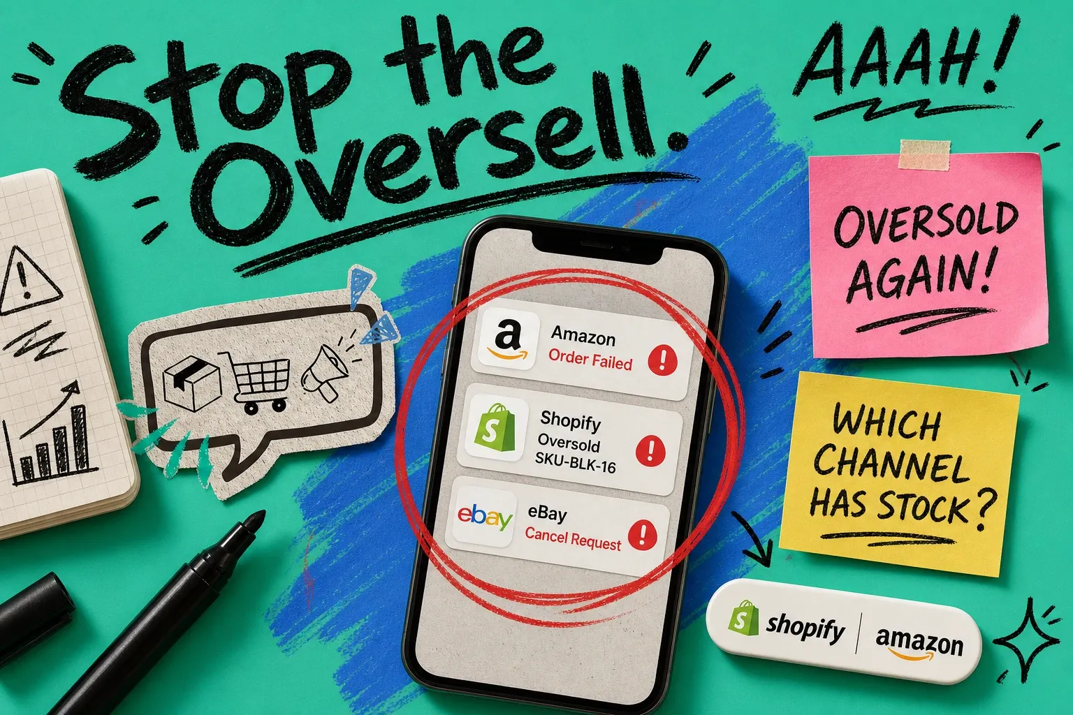 Stop the Oversell — phone showing Amazon, Shopify, and eBay oversold error notifications