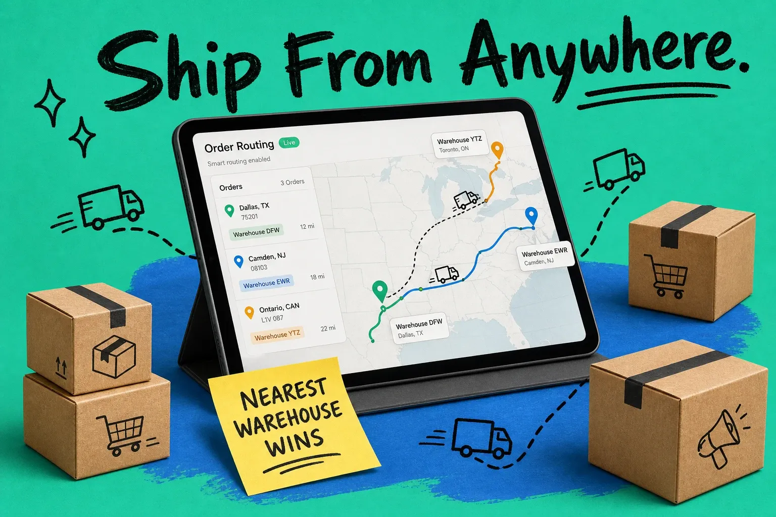 Omnichannel Fulfillment — tablet showing order routing map with warehouse pins and delivery routes