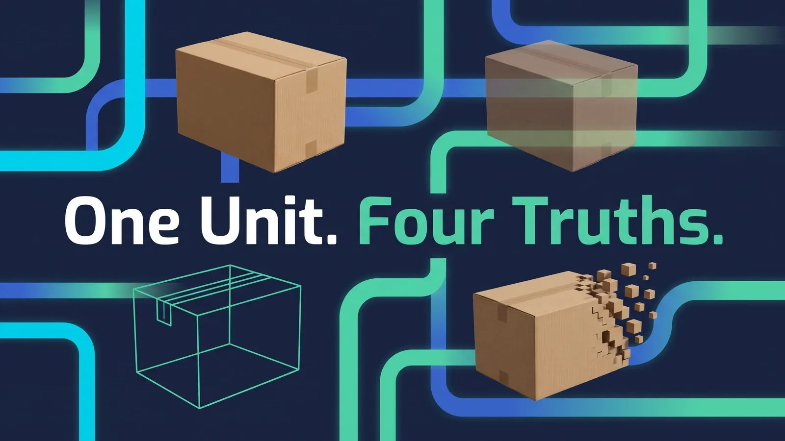Four identical shipping cartons shown solid, semi-transparent, as a wireframe and dissolving into cubes, over the headline One Unit. Four Truths.