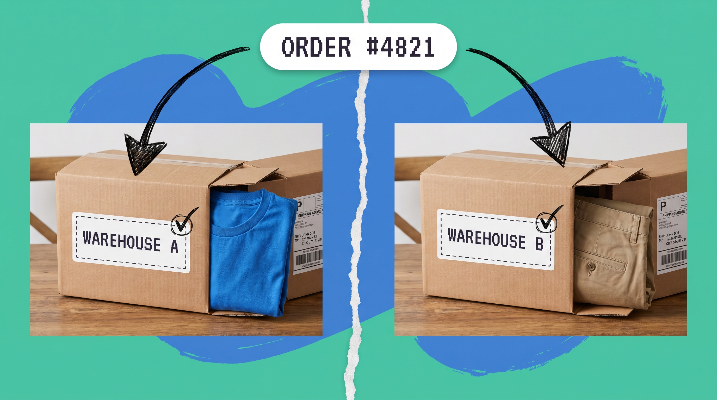 Split view of one order shipping from two warehouses: a t-shirt boxed and labeled Warehouse A on the left, pants boxed and labeled Warehouse B on the right