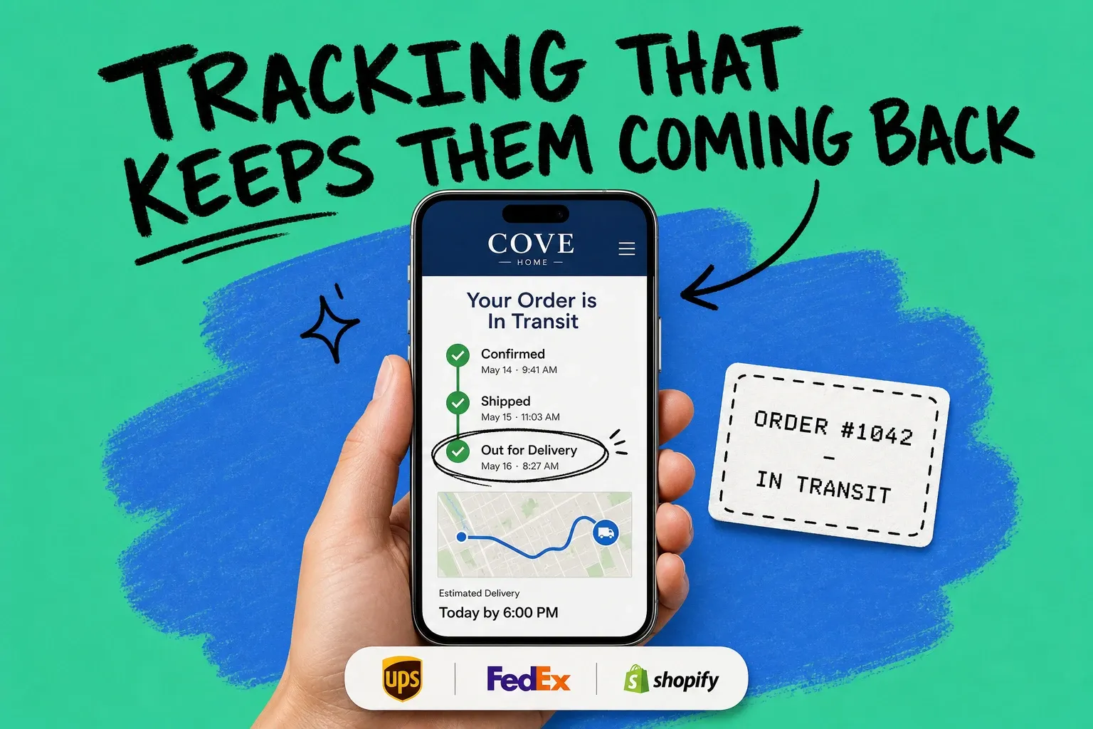 Smartphone showing a branded order tracking page with a status timeline, on a teal background with a blue brushstroke shape and hand-drawn doodles