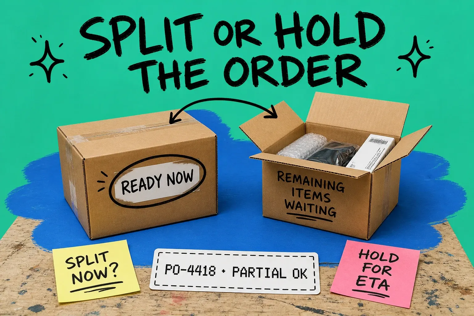 Two corrugated shipping boxes on a packing table—one sealed labeled READY NOW, one open with remaining items—against a teal background with blue brushstroke, sticky notes reading SPLIT NOW? and HOLD FOR ETA