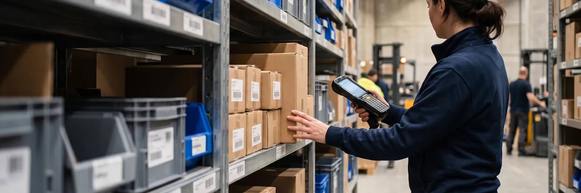Warehouse worker holding a handheld scanner and reaching for cartons on a shelf of labeled bins in a narrow racking aisle
