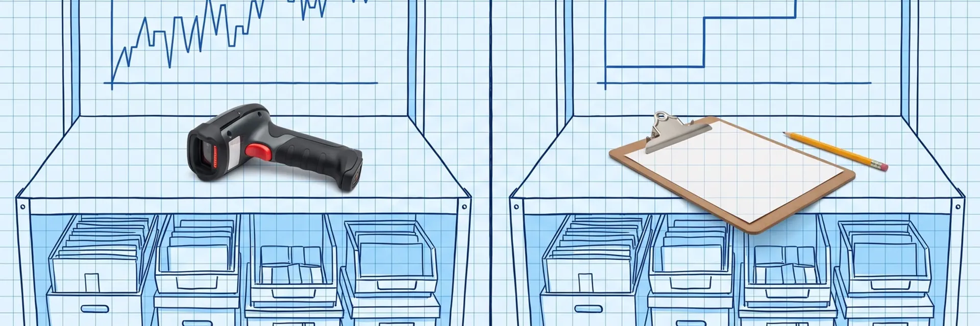 Two hand-drawn blue blueprint stockroom shelves: one under a chart that moves at every transaction with a photoreal barcode scanner on the shelf, the other under a chart that changes in two steps with a photoreal clipboard and pencil