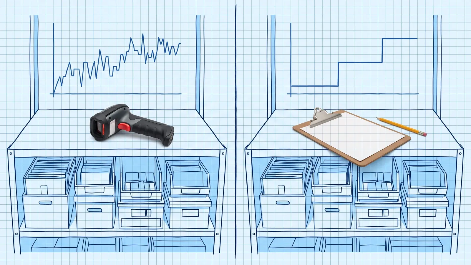 Two hand-drawn blue blueprint stockroom shelves: one under a chart that moves at every transaction with a photoreal barcode scanner on the shelf, the other under a chart that changes in two steps with a photoreal clipboard and pencil