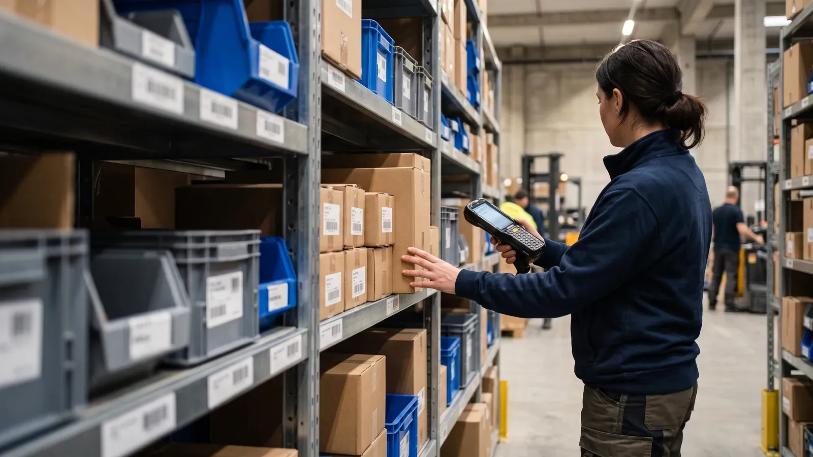 Warehouse worker holding a handheld scanner and reaching for cartons on a shelf of labeled bins in a narrow racking aisle