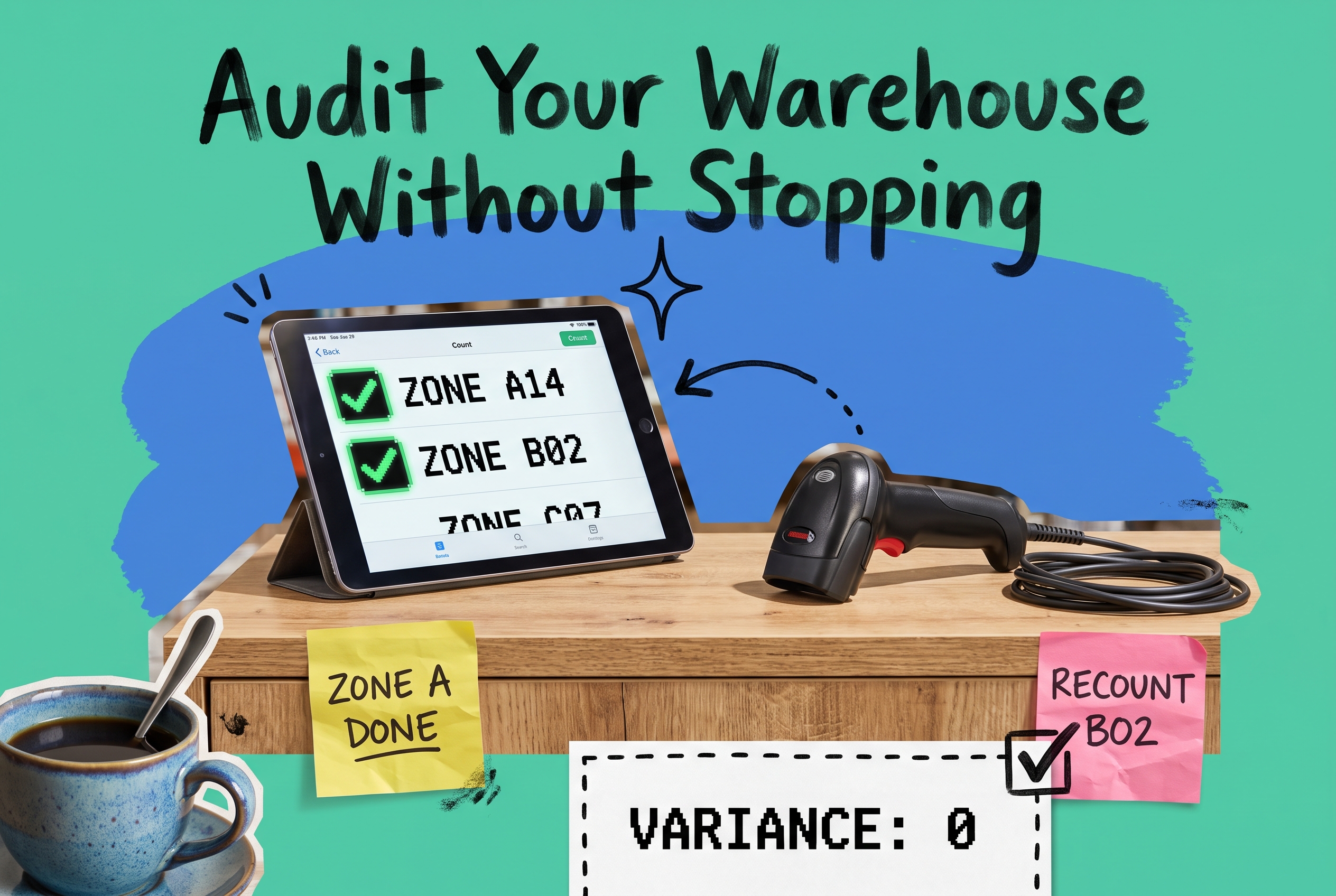 Warehouse inventory count setup showing a tablet with a zone checklist, a barcode scanner, and a variance report card reading zero, on a teal background