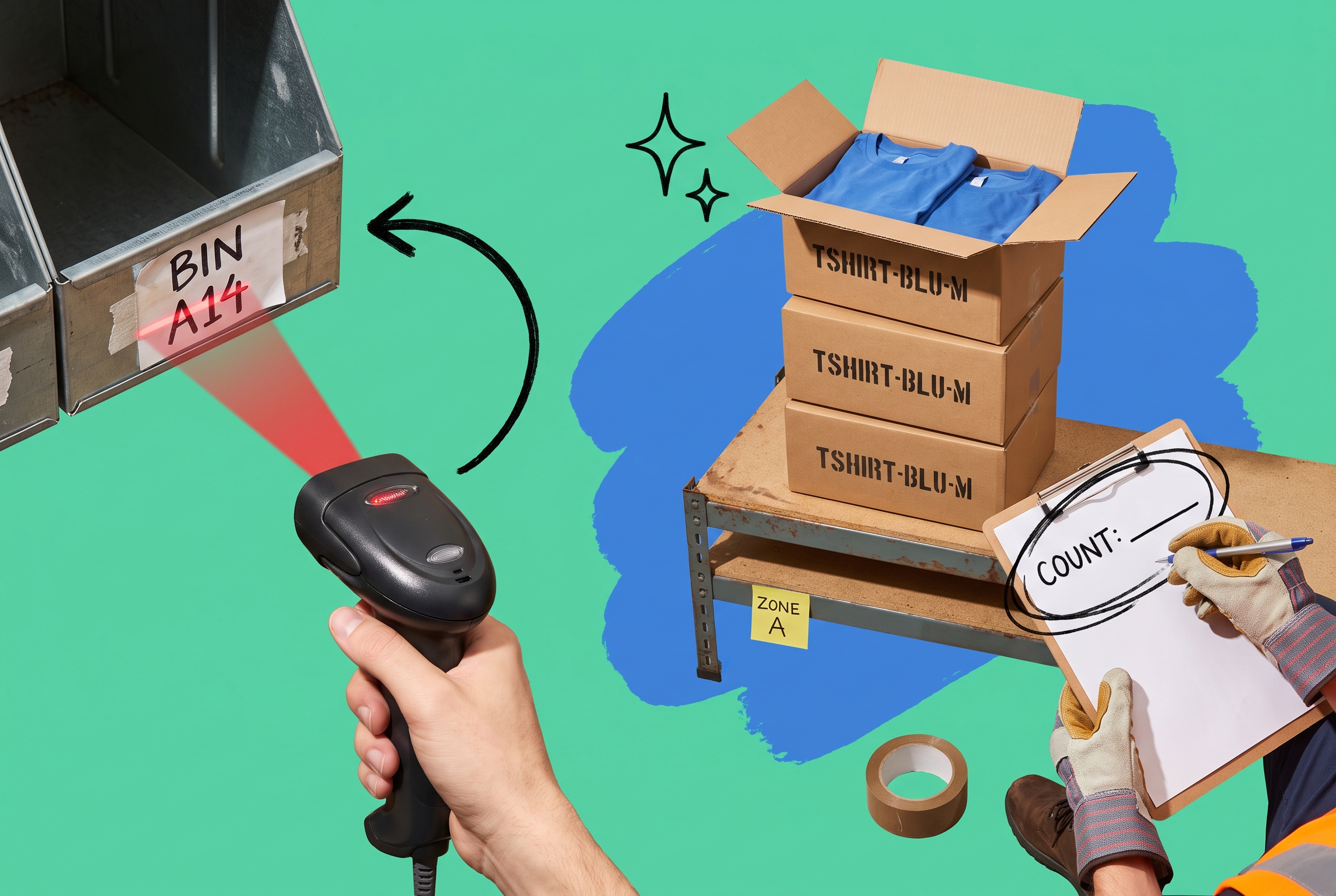 Two-person blind inventory count: one hand scanning a barcode on a labeled bin, another writing on a count sheet at a shelf of labeled boxes